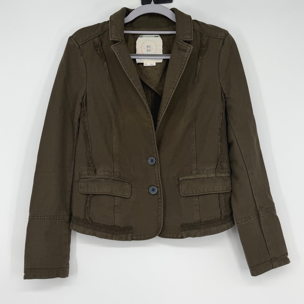 Hei Hei Anthropologie Brown‎ Cotton Blazer Jacket Distressed Houndstooth Back 2